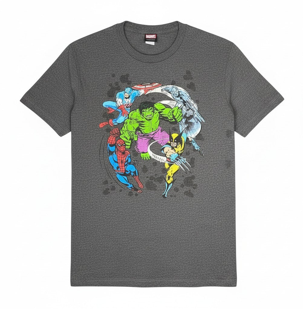 Velouria Vintage 90s grey cotton t-shirt featuring a Marvel Circle of Heroes graphic print with iconic superheroes.