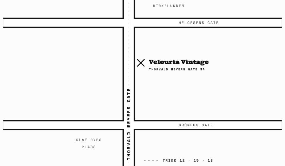 Kart over Velouria Vintage, Thorvald Meyers gate 34