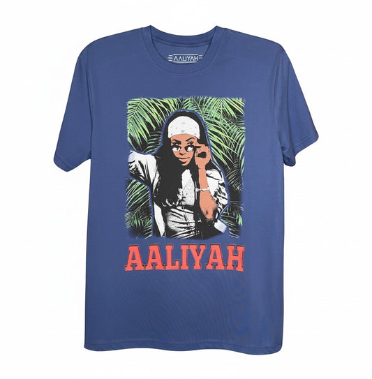 Velouria Vintage blue cotton t-shirt featuring a graphic print of Aaliyah in front of jungle leaves