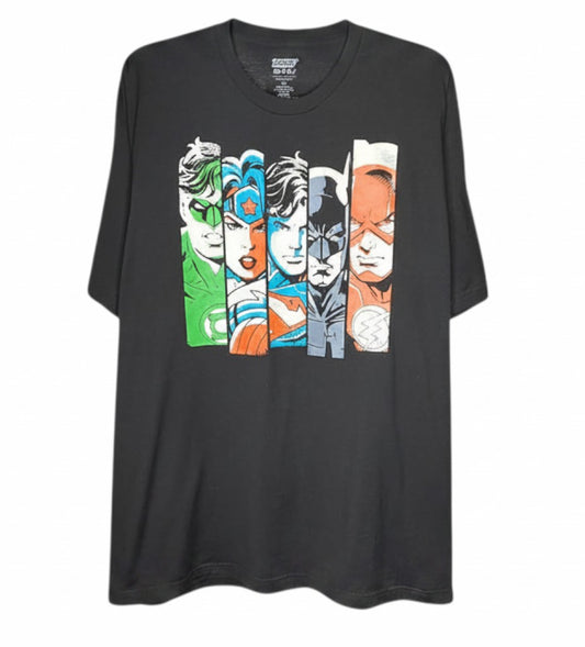 Velouria Vintage black 100% cotton t-shirt featuring a graphic print of DC Comics Justice League superhero faces