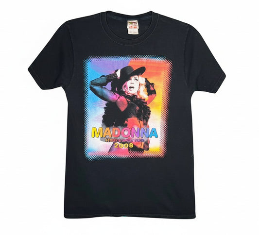 Velouria Vintage black cotton t-shirt featuring a colourful Madonna Sweet and Sticky Tour 2008 graphic print