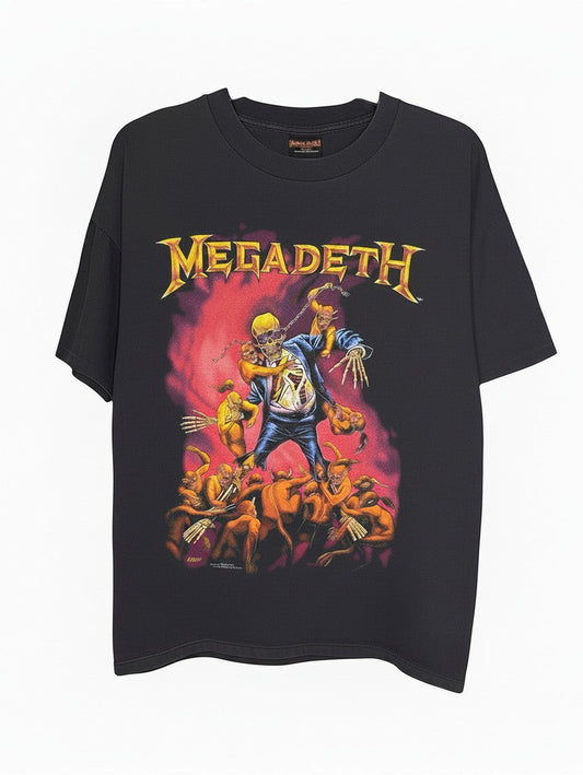 Velouria Vintage Megadeth Vic Goes to Hell t-skjorte i svart bomull fra 1991 med ikonisk grafisk trykk